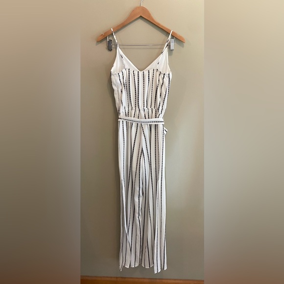 One Clothing: White Jumpsuit Romper with Black and Maroon Pattern Stripes - Picture 7 of 17